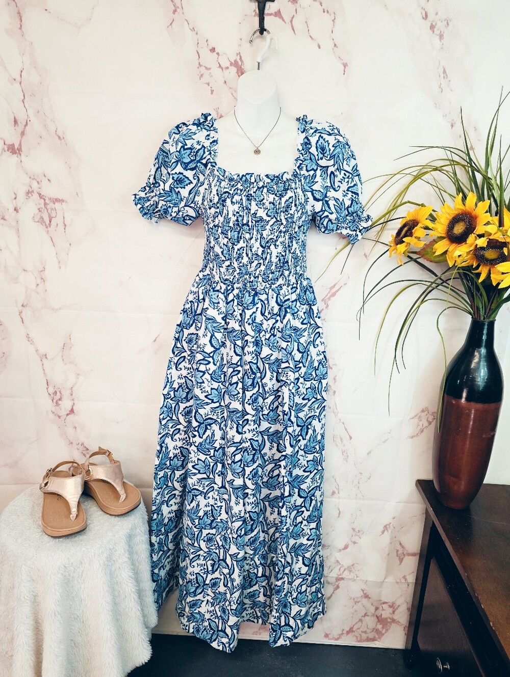 Boden Blue White Floral Linen Smocked Tall Maxi Dress Pockets US 4 Tall - Picture 2 of 6